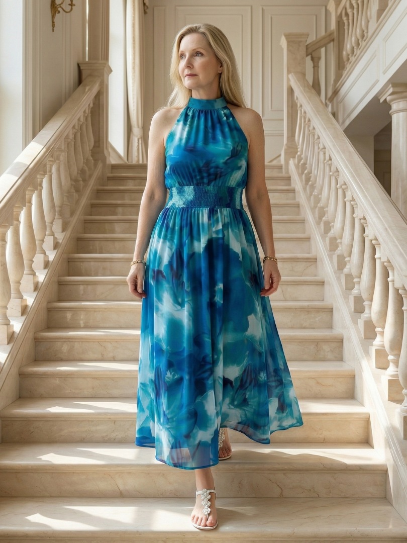 Tineke | Geplooide Halter Midi Jurk
