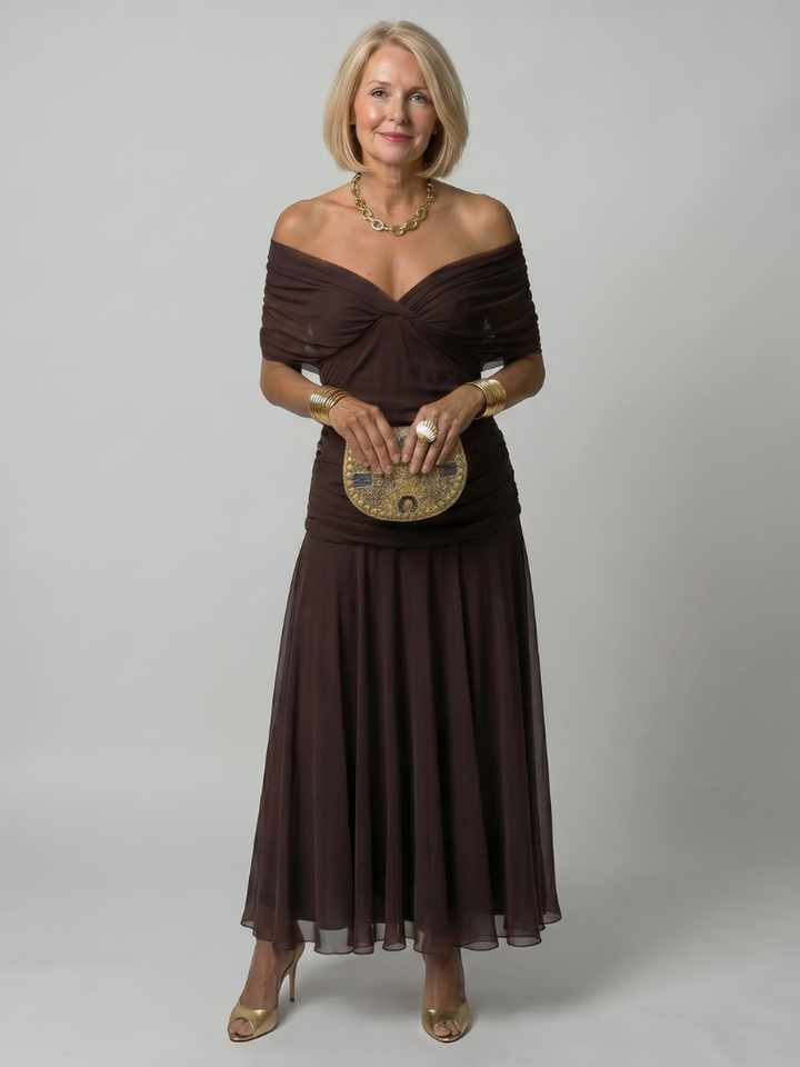 Calen Off-Shoulder Flow Midi Jurk bruin