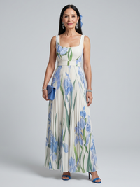Inge | Mouwloze Bloemen Midi Jurk met Vierkante Hals