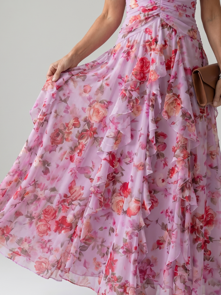 Erna | Halter Bloemen Maxi Jurk met Gerimde Top