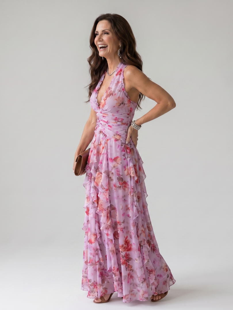Erna | Halter Bloemen Maxi Jurk met Gerimde Top
