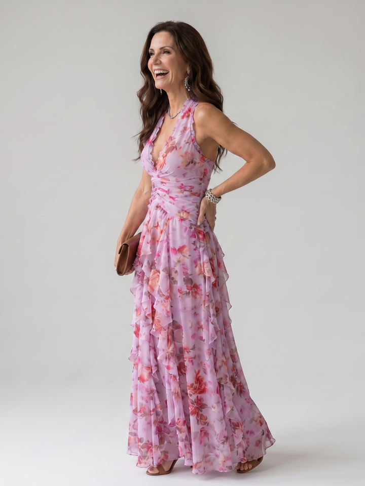Erna | Halter Bloemen Maxi Jurk met Gerimde Top