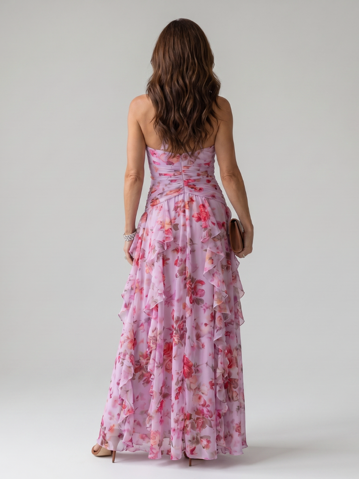 Erna | Halter Bloemen Maxi Jurk met Gerimde Top