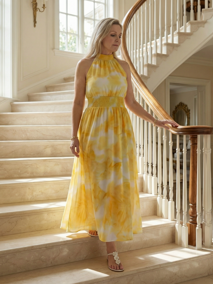 Tineke | Geplooide Halter Midi Jurk