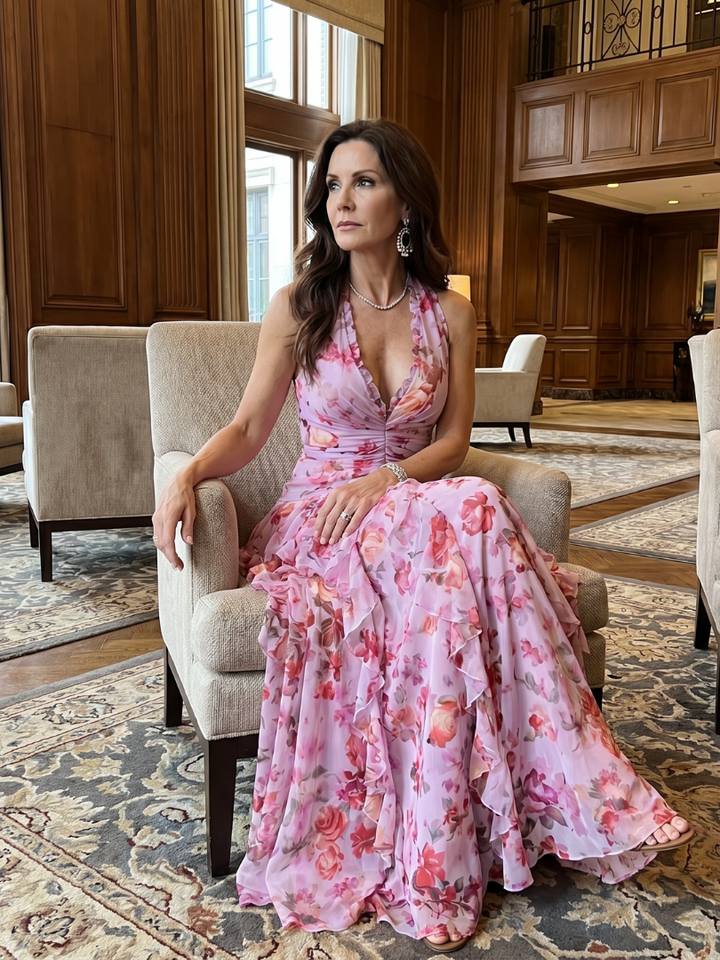 Erna | Halter Bloemen Maxi Jurk met Gerimde Top
