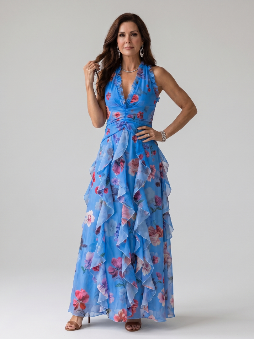 Erna | Halter Bloemen Maxi Jurk met Gerimde Top