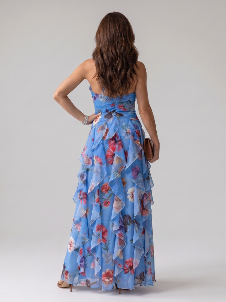 Erna | Halter Bloemen Maxi Jurk met Gerimde Top