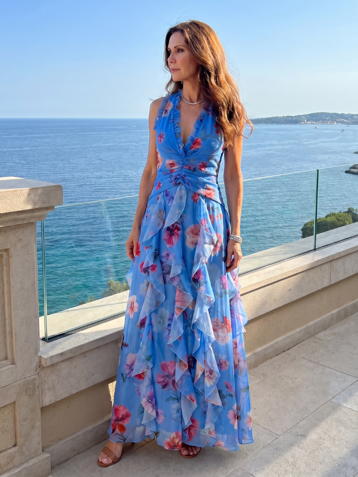Erna | Halter Bloemen Maxi Jurk met Gerimde Top