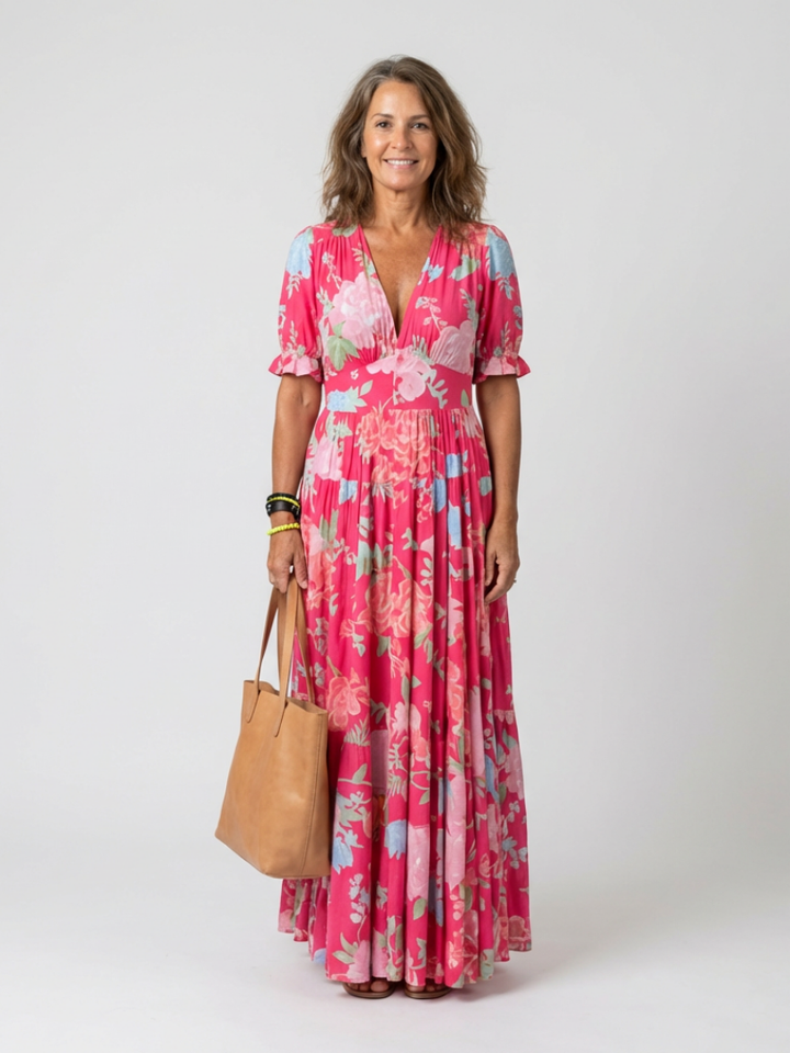 Irene V-Hals Maxi Jurk roze
