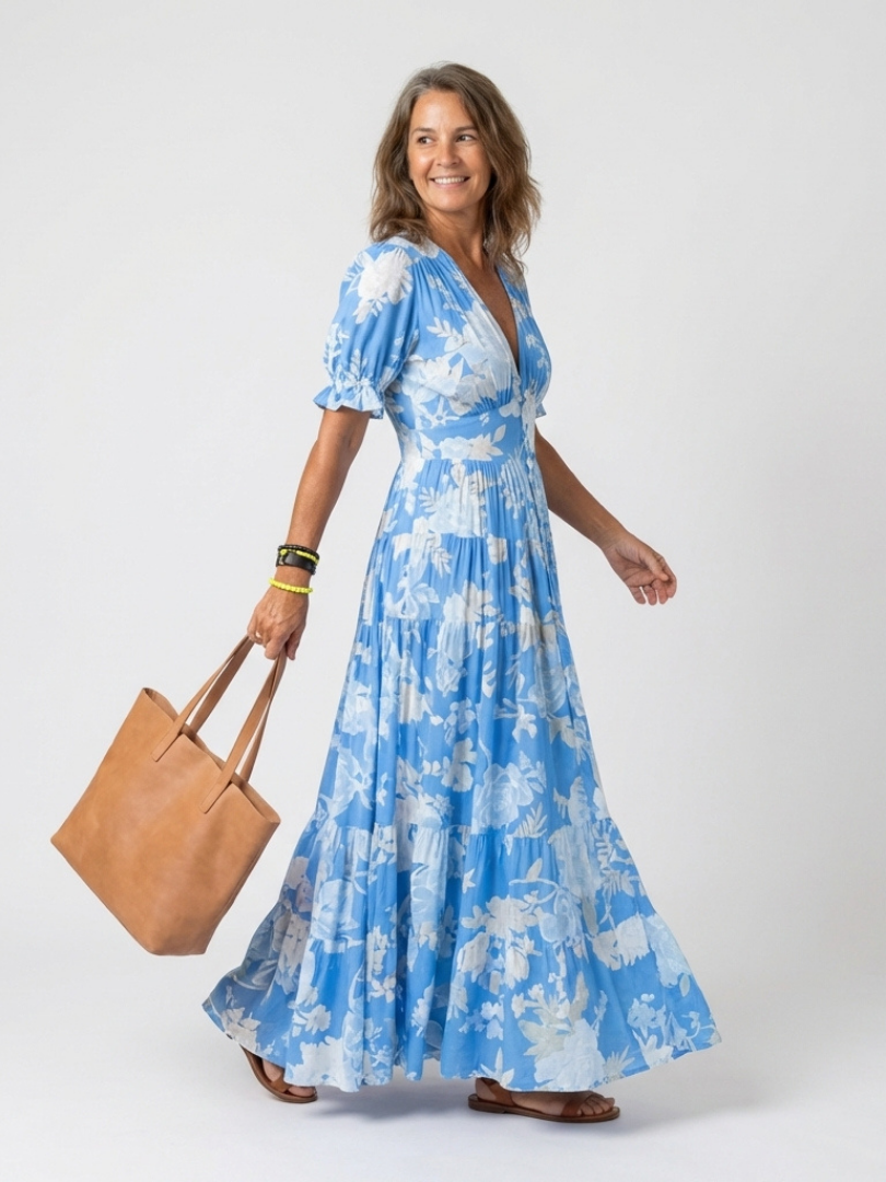 Irene V-Hals Maxi Jurk hemelsblauw