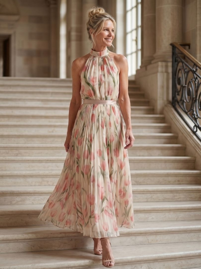 Mieke | Halter Bloemen Midi Jurk