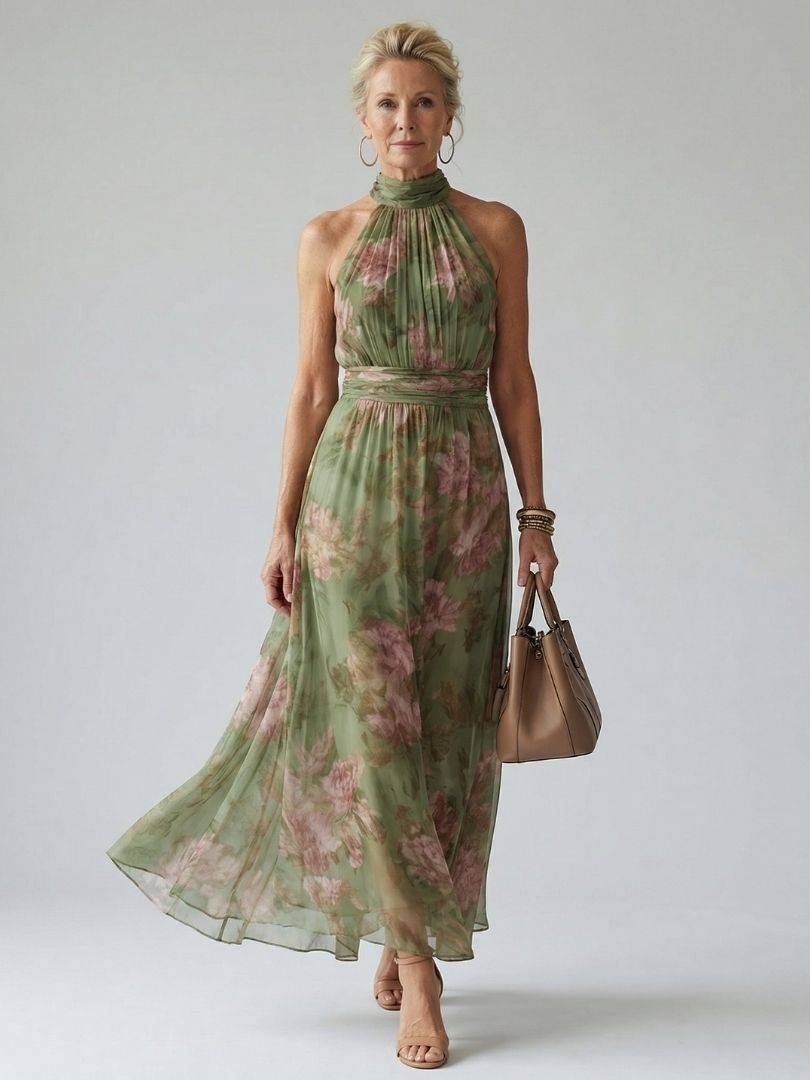 Mirelle Geplooide Halter Midi Jurk