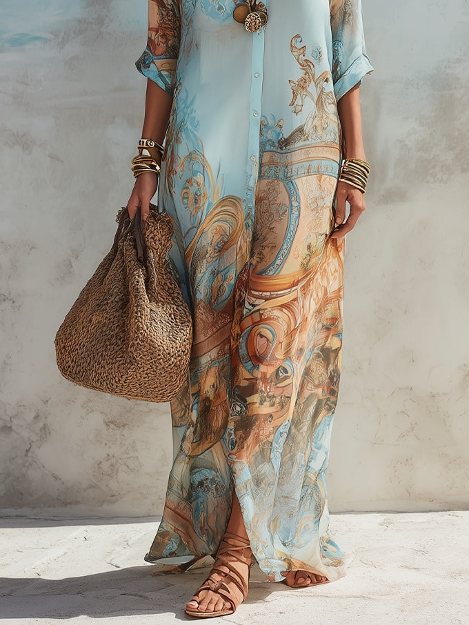 Lien | Mediterrane Blousejurk - Blauw