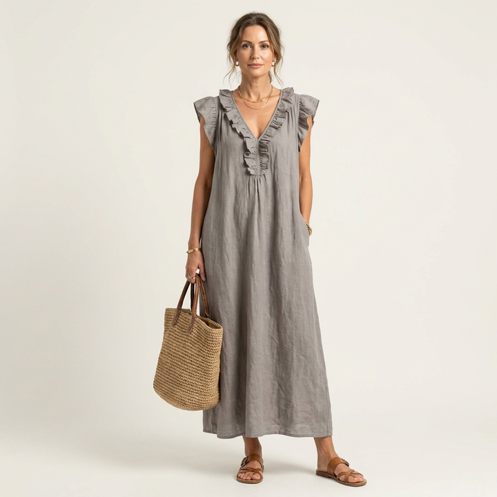 Rosette | V-Hals Linnen Maxi-Jurk met Ruches