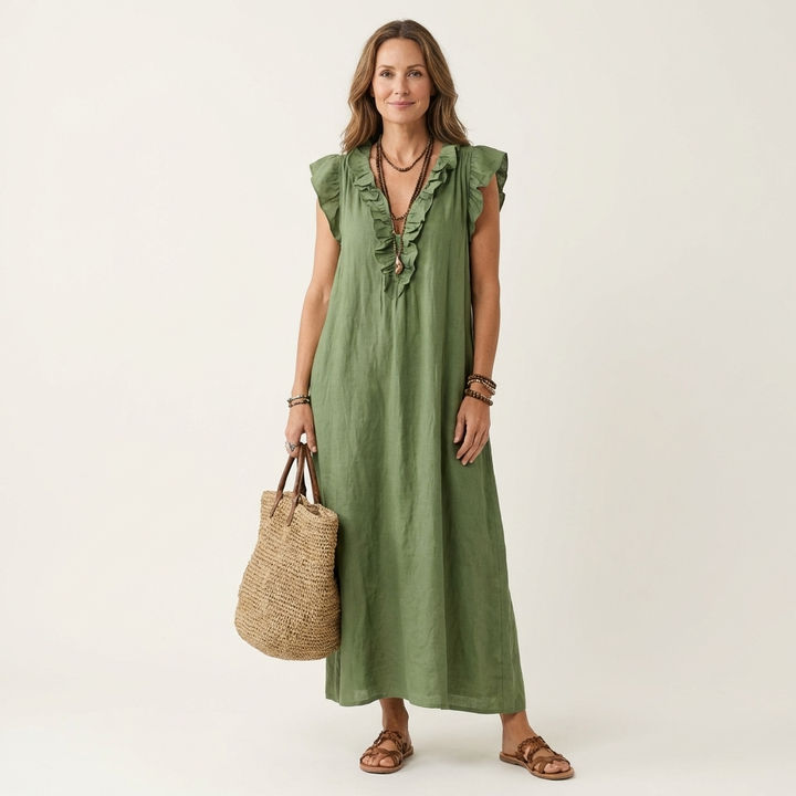 Rosette | V-Hals Linnen Maxi-Jurk met Ruches