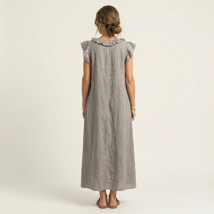Rosette | V-Hals Linnen Maxi-Jurk met Ruches