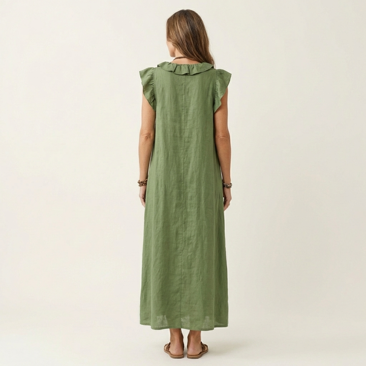 Rosette | V-Hals Linnen Maxi-Jurk met Ruches