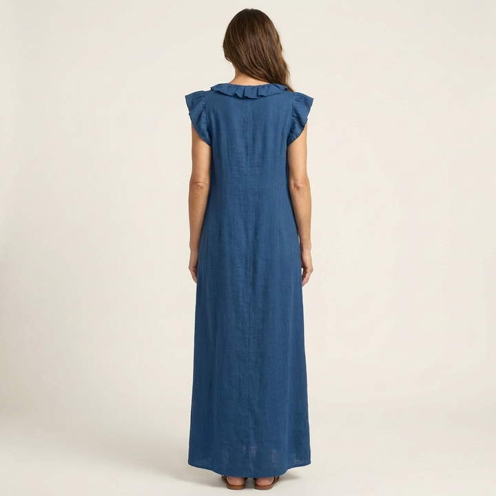 Rosette | V-Hals Linnen Maxi-Jurk met Ruches