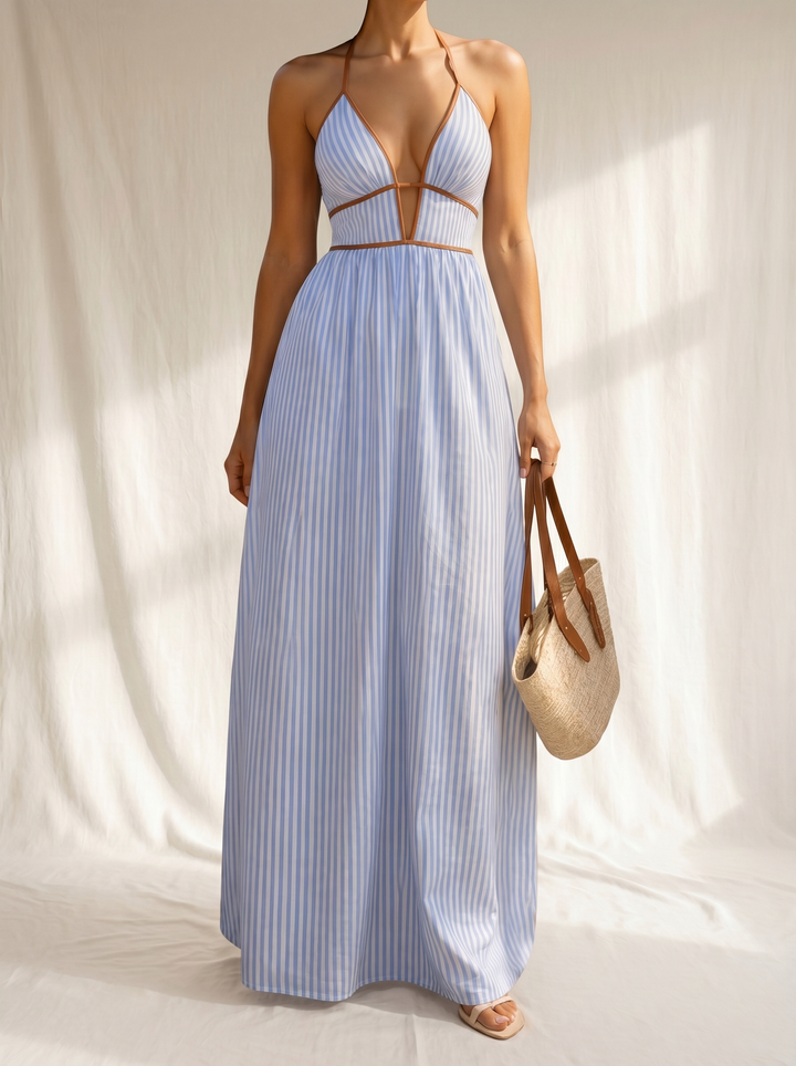 Lara | Lange Gestreepte Jurk met Cut-out