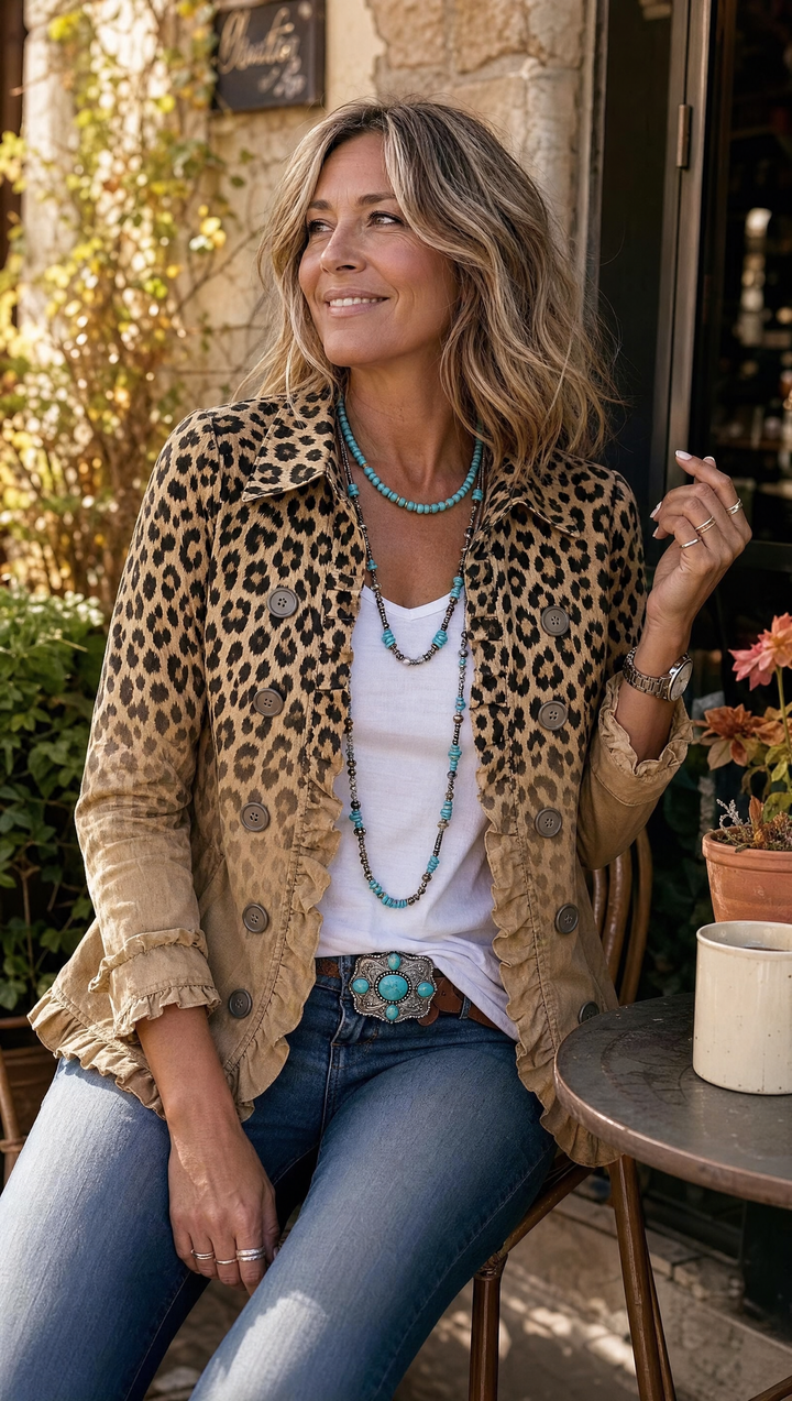 Tawny | Vintage Luipaard Jasje met Ruches