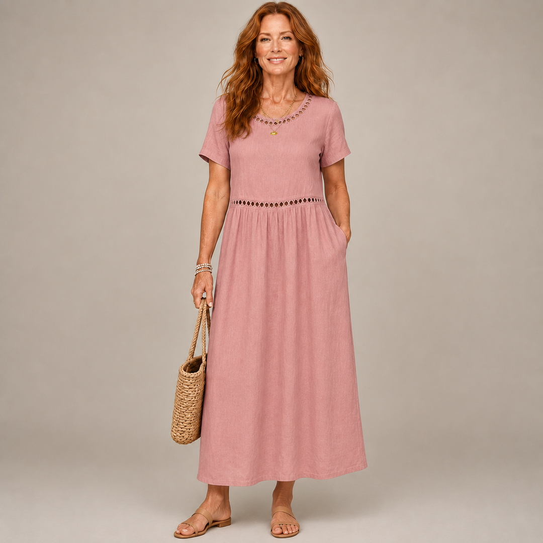 Petra | Midi Jurk van Katoen en Linnen met Borduurdetails